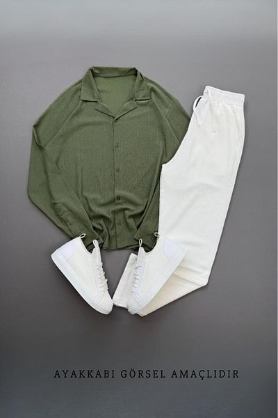 NO 601 Men's Green Wrinkled Shirt White Pantalon Suit