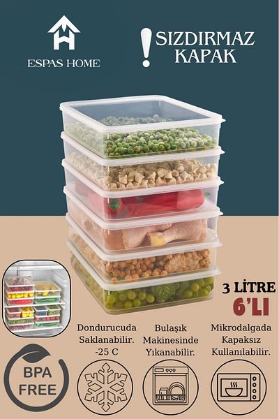 Espas Home 6-Piece Leakproof Freshbox Storage Container – Microwave and Refrigerator Compatible / 3000 ml – Transparent