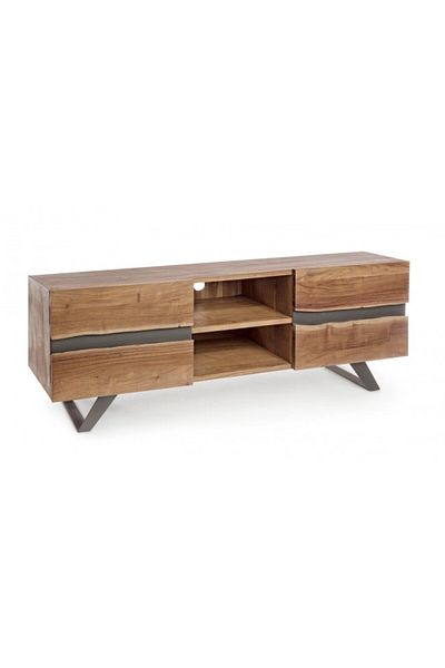 Bizzotto TV Cabinet with 2 Shelves, 2 Doors, Brown Wood and Iron Legs, Aron 160cm x 44cm x 65cm