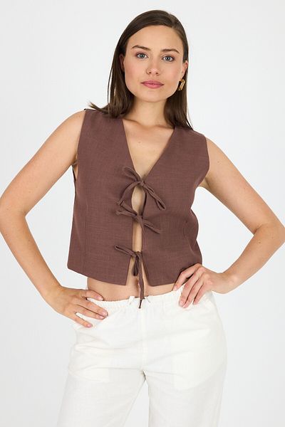 Rays Brown Linen Look 100% Cotton Tie Detailed Vest 3853