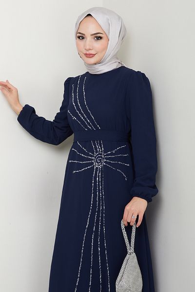 InStyle Βραδινό φόρεμα με πέτρα κεντημένο ασύμμετρο μπλε ναυτικό