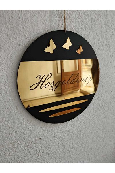 öyküdekor Gold Mirror Plexiglass Butterfly Welcome Written Mdf Door Ornament - 23 cm