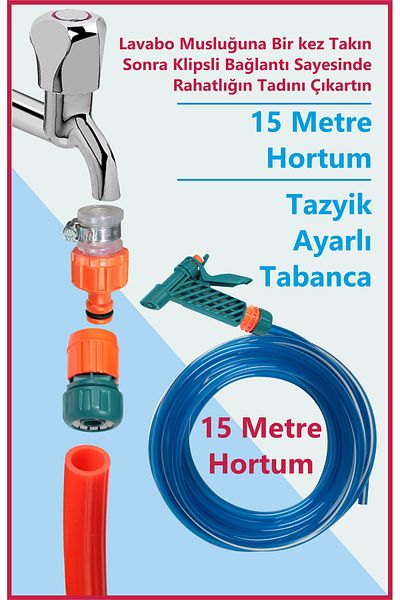 sayım plastik Garden and Balcony Washing Set with 15 Meter Hose + Adjustable Gun + Faucet Connections