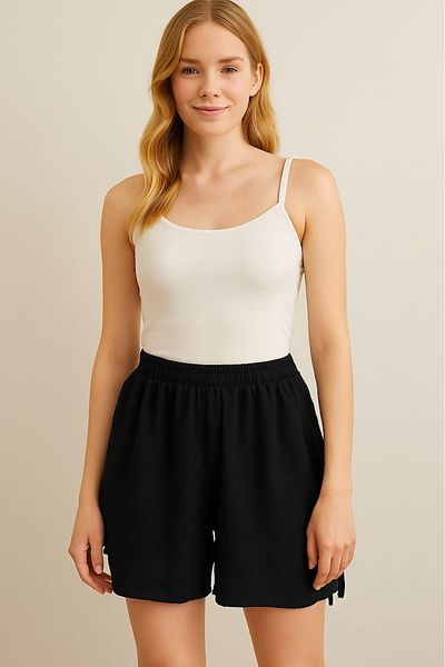 enmodaiçgiyim Women's Black Wrinkled Fabric Summer Shorts