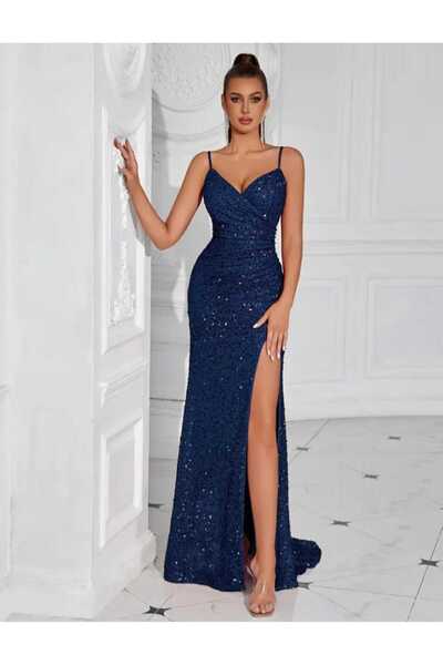 Genel Markalar KRUVAZE ASKILI YIRTMAÇLI PUL PAYET ABİYE ELBİSE