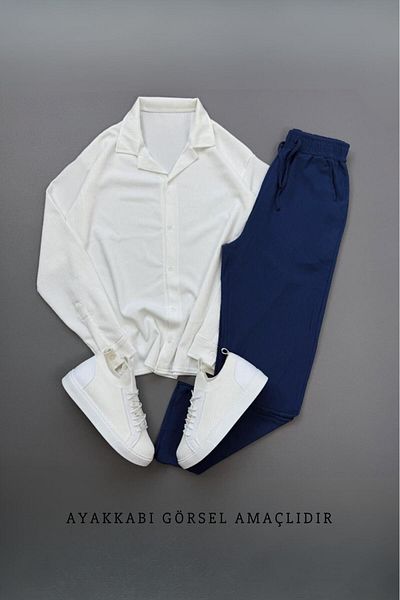 NO 601 Men's White Wrinkled Shirt Navy Blue Trousers Suit