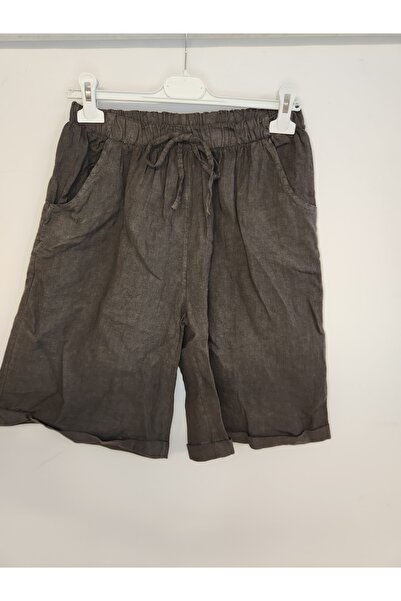 della moor Women's Brown Italian Elastic Waist Wide Leg Long Linen Shorts