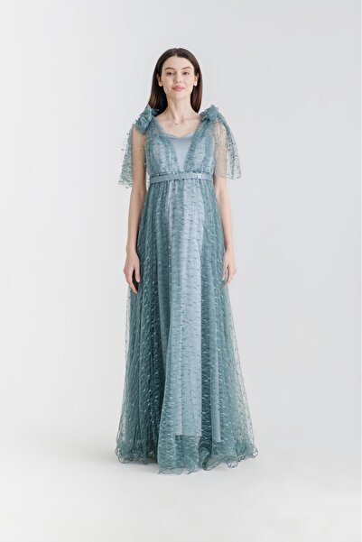 Desen Hamile Giyim Yeşil Saten Üzeri Kabartmalı Tül Kumaş Uzun Hamile Abiye E...