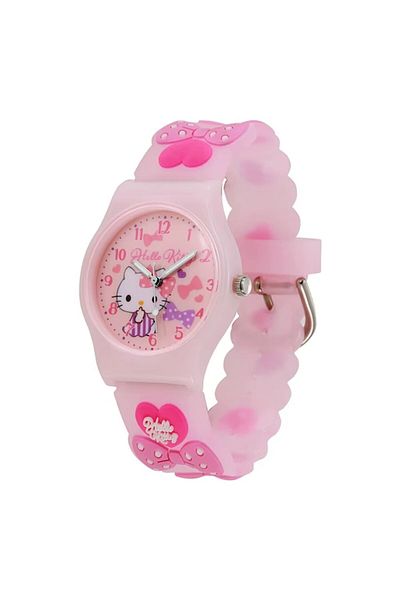 Hello Kitty Watch with bows and hearts, silicone strap, plastic dial, for girls, Pink
