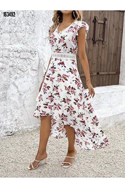 Modayakamoz Kadın Kısa Kollu V Yaka Çiçek Desenli Önü Kısa Arkası Uzun Süprem Elbise