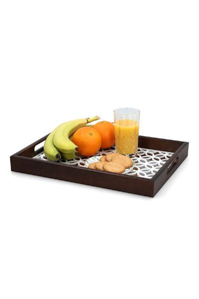 Bien Servi Rectangle Shape Floral Design Wooden Serving Tray Brown and White
