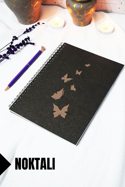 markcat A5 Butterfly Themed Black Kraft Cover Notebook - Dotted Notebook - 60 Sheets (120 Pages) 15X21 cm