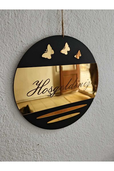 öyküdekor Gold Mirror Plexiglass Butterfly Welcome Written Mdf Door Ornament - 23 cm