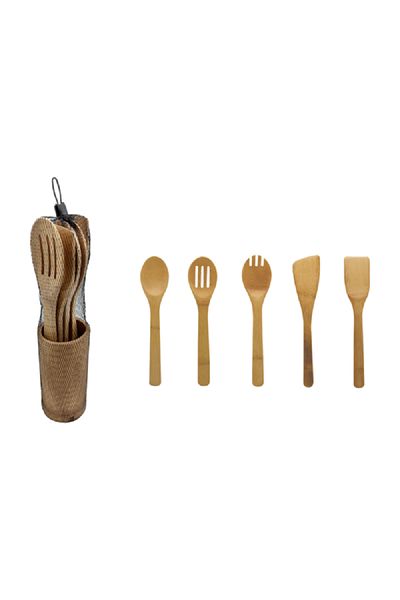 Bien Servi 5-Piece Bamboo Kitchen Utensil Set with Holder Brown