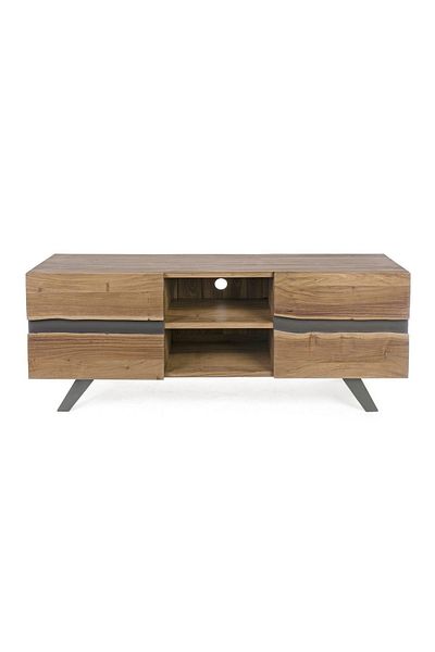 Bizzotto TV Cabinet with 2 Shelves, 2 Doors, Brown Wood and Iron Legs, Aron 160cm x 44cm x 65cm