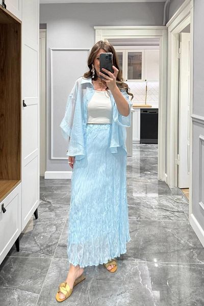Banu Angay Crinkled Modal Skirt Baby Blue