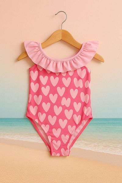 Mişsa Bebe Girls' Swimsuit 3.10 Years Old Ruffled Heart Printed Beach Swimming