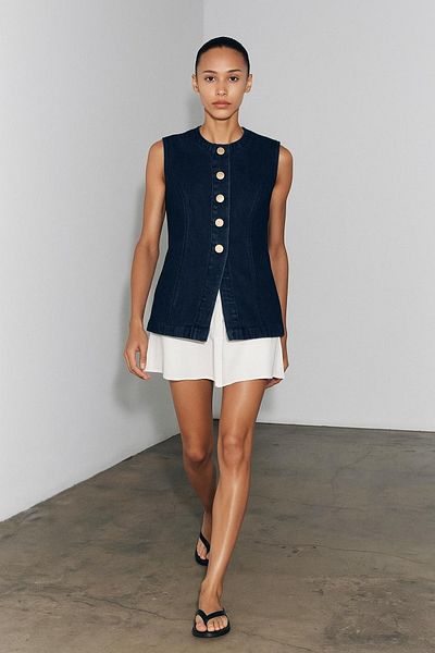 HAKKE Denim Vest with Gold Buttons and Stitching Detail