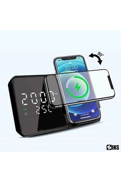 SIKS Ceas deșteptător 2 în 1 cu încărcare wireless, model W5, afișaj temperatură, negru