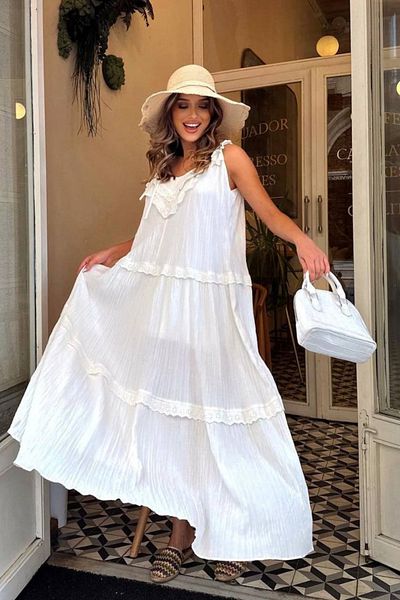 Nana & Mayka Moda Women's Seersucker Summer Dress – Ecru, Lace Strap, Scalloped, Lined, Loose Fit
