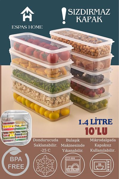 Espas Home 10-Piece Leakproof Freshbox Storage Container – Microwave and Refrigerator Compatible / 1400 ml – Transparent