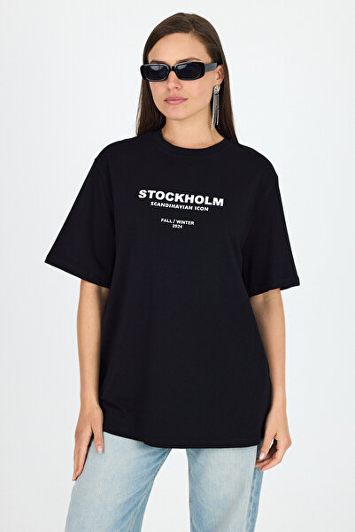 Rays Tricou oversize cu decolteu cu imprimeu text negru 6056