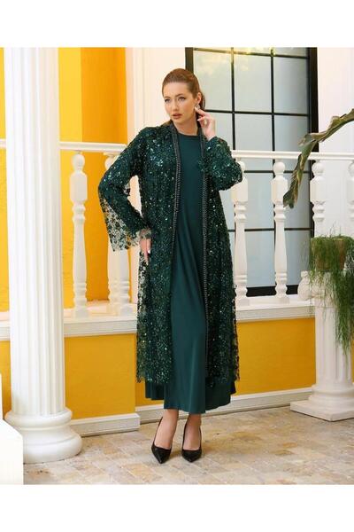 Gazella 42905 İÇ SANDY KUMAŞ DIŞ KENARLARI BONCUK DETAY PUL VE TAŞLI İKİLİ ABAYA
