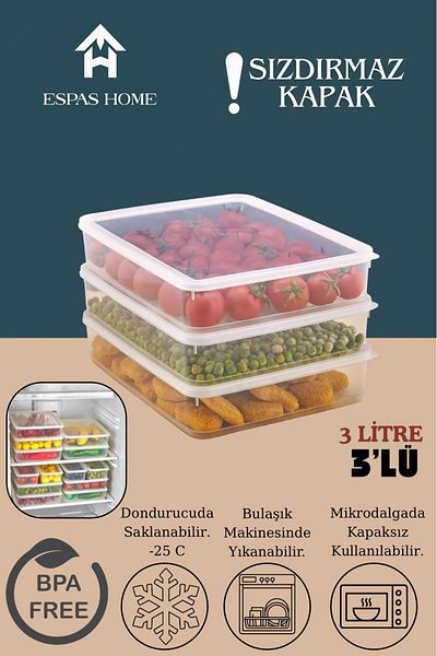 Espas Home 3-Piece Leakproof Freshbox Storage Container – Microwave and Refrigerator Compatible / 3000 ml – Transparent