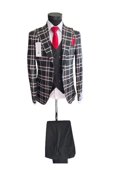 marco mılano Men's Suit, Black with Grey and White Checks, Slim Fit, 3 Pieces, Waist 1