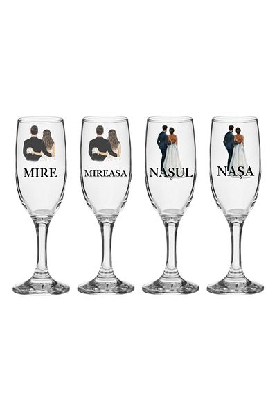 OEM Set pahare Sampanie din sticla, personalizate, Miri si Nasi, pentru nunta, model 1