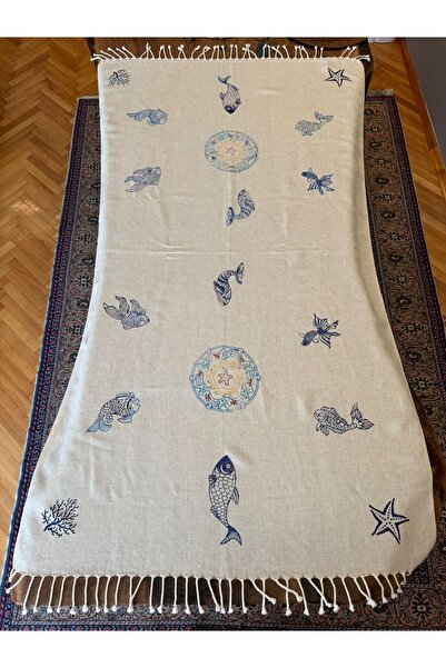 Huge Home Natural Linen Blue Color Wooden Printed Beach Peshtemal