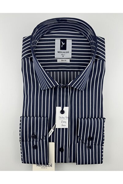 MEGALDİ Erkek Slim Fit Kesim Lacivert Beyaz Çizgili Easy Iron (Kolay Ütü) Uzu...