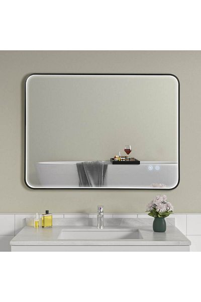 OPTIM DEKO Oglindă de baie premium cu iluminare LED, sistem tactil, anti-aburire, reversibilă, ramă neagră 60x80cm