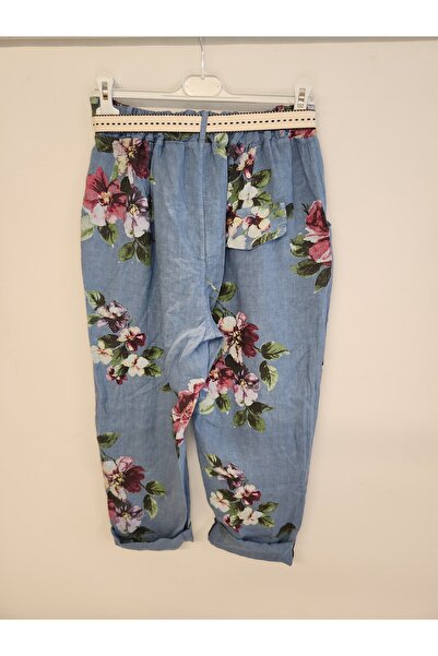della moor Women's Blue Italian Floral Patterned Linen Trousers