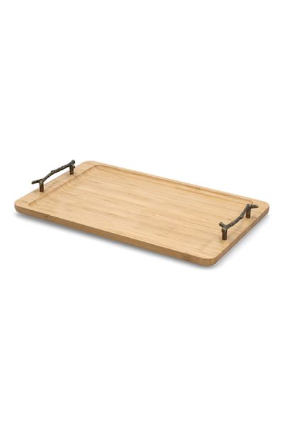 Bien Servi Durable Rectangular Bamboo Serving Tray with Metal Handle Brown