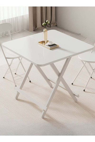 Taimi White Folding Dining Table, Square Wood Table, Portable Table for Kitchen, Dining Room, 80x80x74cm