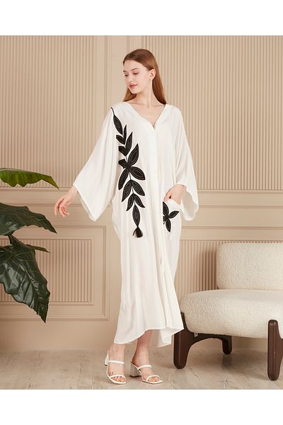 EL jadida Women's Embroidered Buttoned Plus Size Viscose Long Dress White