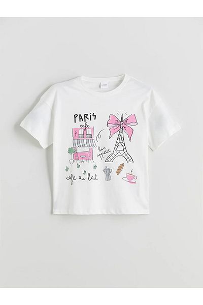 LC Waikiki طقم بيجامة LCW Kids Ecru Crew Neck Paris مطبوع عليه شورت للفتيات