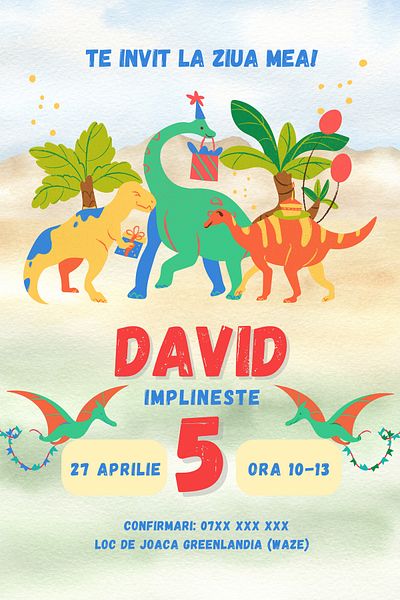 OEM Set 10 invitatii personalizate pentru aniversare copii, plic inclus, 10x15 cm, tematica Dinozauri