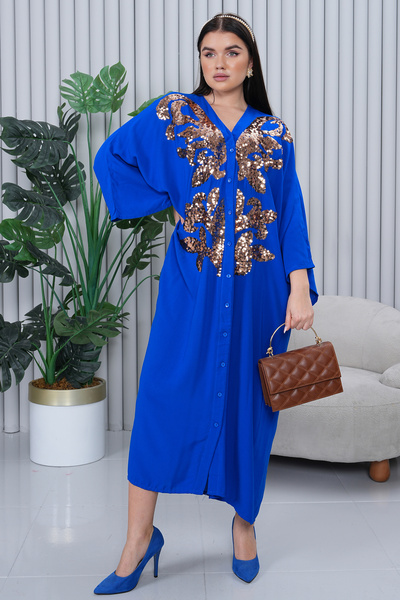 EL jadida Rochie lungă din viscoză, cu paiete, cu nasturi, mărime mare, albastru cobalt albastru