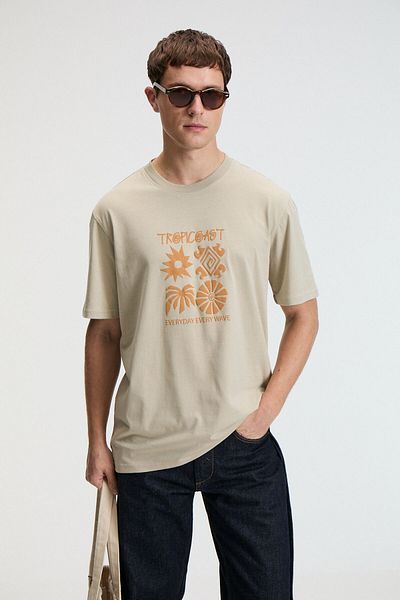 GRIMELANGE Sweet Men's 100% Cotton Oversize Fit Printed Short Sleeve Round Neck Stone Color T-Shirt