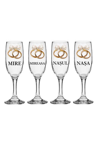 OEM Set pahare Sampanie din sticla personalizate Miri si Nasi, pentru nunta, inele de logodna