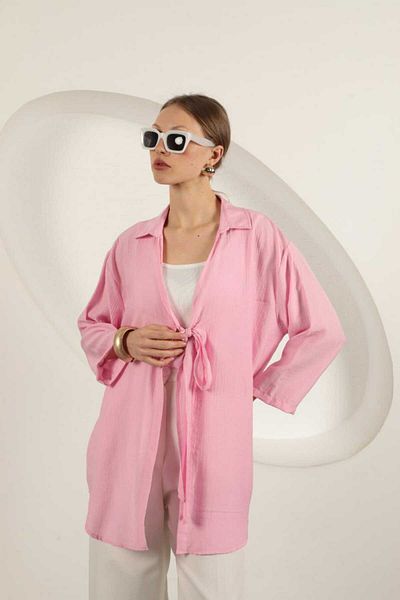 LE CARAMBOLE Women's Pink Tie Detail Shirt Collar Summer Kimono Cardigan