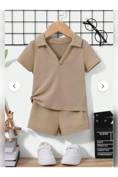 EHY GROUP Waffle Görselli V Yaka Pamuklu Yazlık Bebek Çocuk Şort Takım-Bej