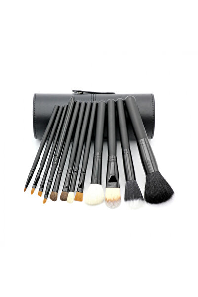OEM Set 12 makeup brushes with eco-leather cylindrical holder, Black