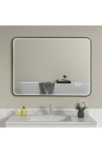 OPTIM DEKO Oglindă de baie premium cu iluminare LED, sistem tactil, anti-aburire, reversibilă, ramă neagră 60x80cm