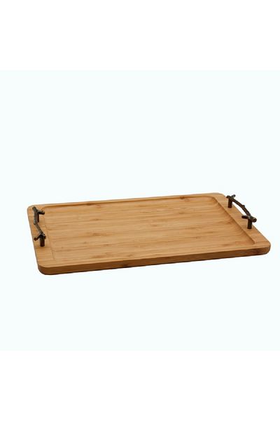 Bien Servi Durable Rectangular Bamboo Serving Tray with Metal Handle Brown