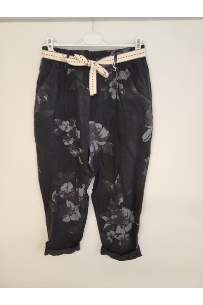 della moor Women's Black Italian Floral Patterned Linen Trousers