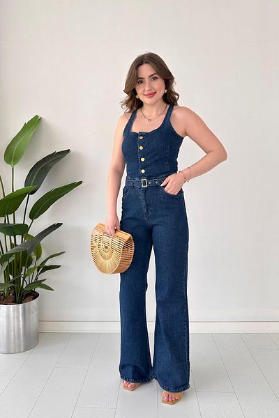 MaziButik Flare Denim Jumpsuit with Straps Navy Blue