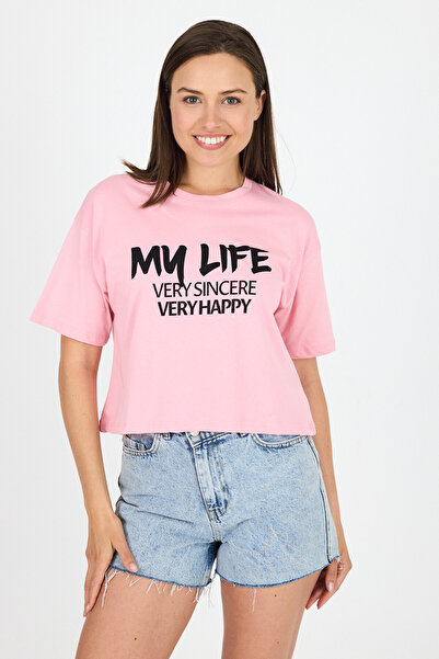 Rays Μπλουζάκι με ροζ κείμενο 100% βαμβακερό Crop T-shirt 9187M